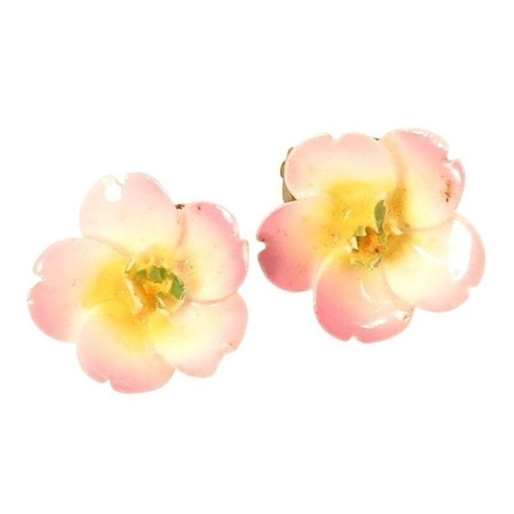 Vintage Pink Porcelain Flowers Made in England Handmade Floral Clip-On Earrings